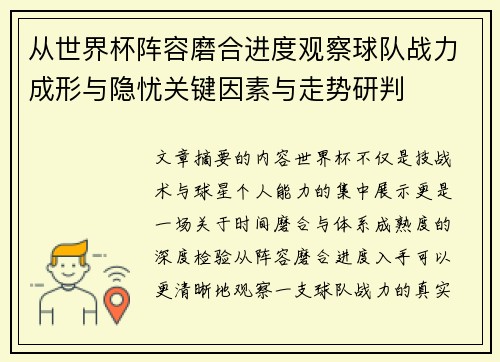 从世界杯阵容磨合进度观察球队战力成形与隐忧关键因素与走势研判